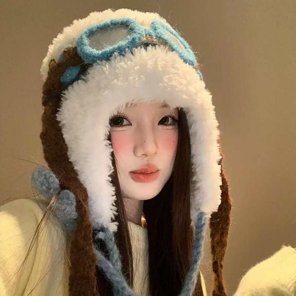 Autumn and winter velvet flying hat warm hat thickened cute glasses flying ear protector Lei Feng hat warm knitted hat