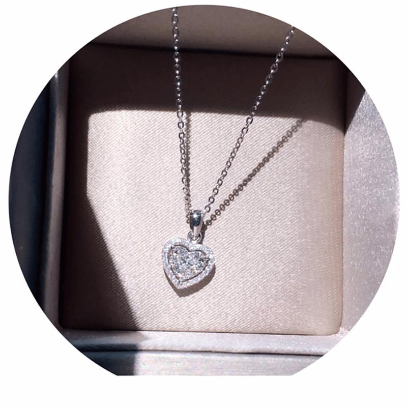 Exquisite Silver Color Love Heart Pendant Necklace for Women Shiny Cubic Zirconia Crystal Necklace Valentines Day Gift