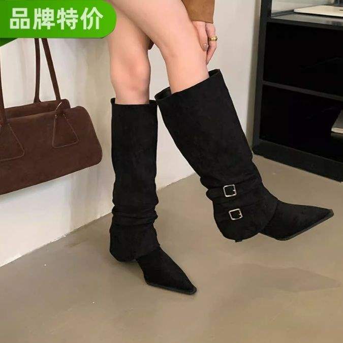 Suede Pointed Pleated Piled Boots Women's 2025 Autumn and Winter New Removable Two-wear Thin Heel Boots High Heel Short Boots