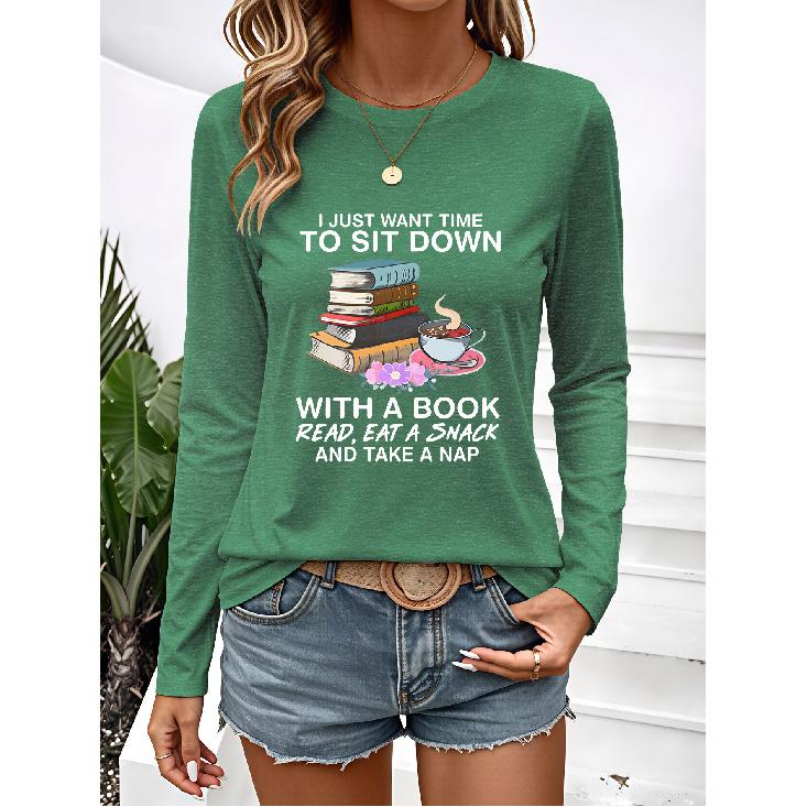 New long-sleeved women's tops for spring, autumn, and winter Reading coffee fun print, simple, stylish, elegant, casual, vintage style, new pattern,