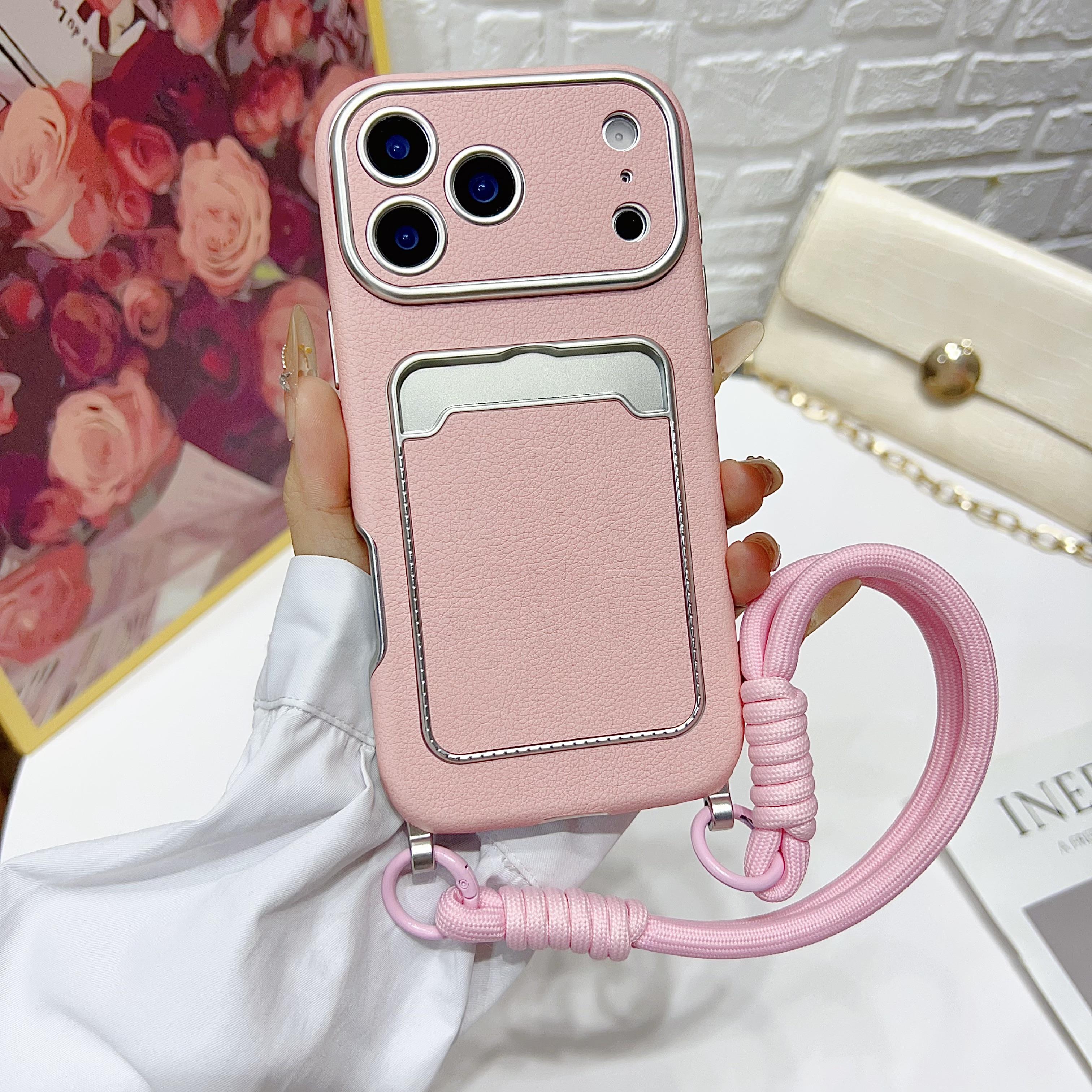 

Vertical Card Solt Leather Electroplating Hand Strap Phone Case for iPhone 17 Pro Max 16 Plus 15 14 13 Shockproof Slim Fit Cover iPhone 15 Pro Max рожевий