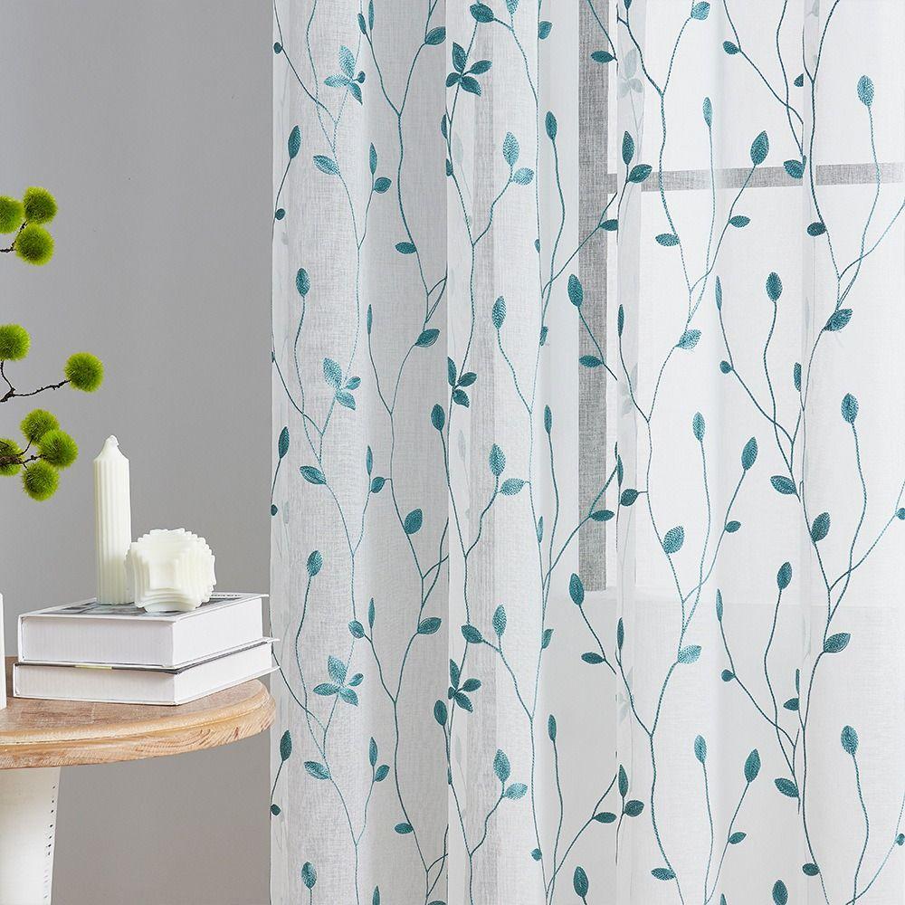 Pastoral Style Window Drapes Embroidery Tulle Curtain Leaf Pattern Sheer Curtain Home Decoration