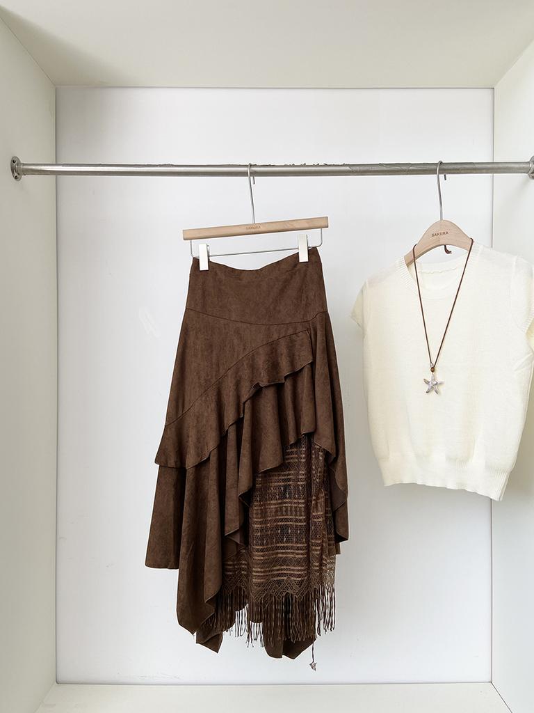 Lace splicing high waist cover slim mid-length skirt women's autumn new Korean version of versatile a-word skirt
