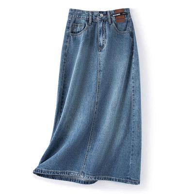 High Waist A-Line Denim Skirt: Retro Mid-Length, Back Slit, Meat-Covering, Women's Niche Leather Brand