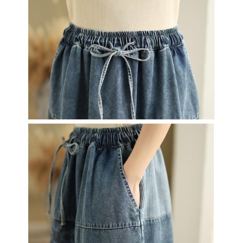 Plus Size Summer Denim Skirts Women Clothing Blue Elastic Vintage A-Line Jeans Skirt High Waist