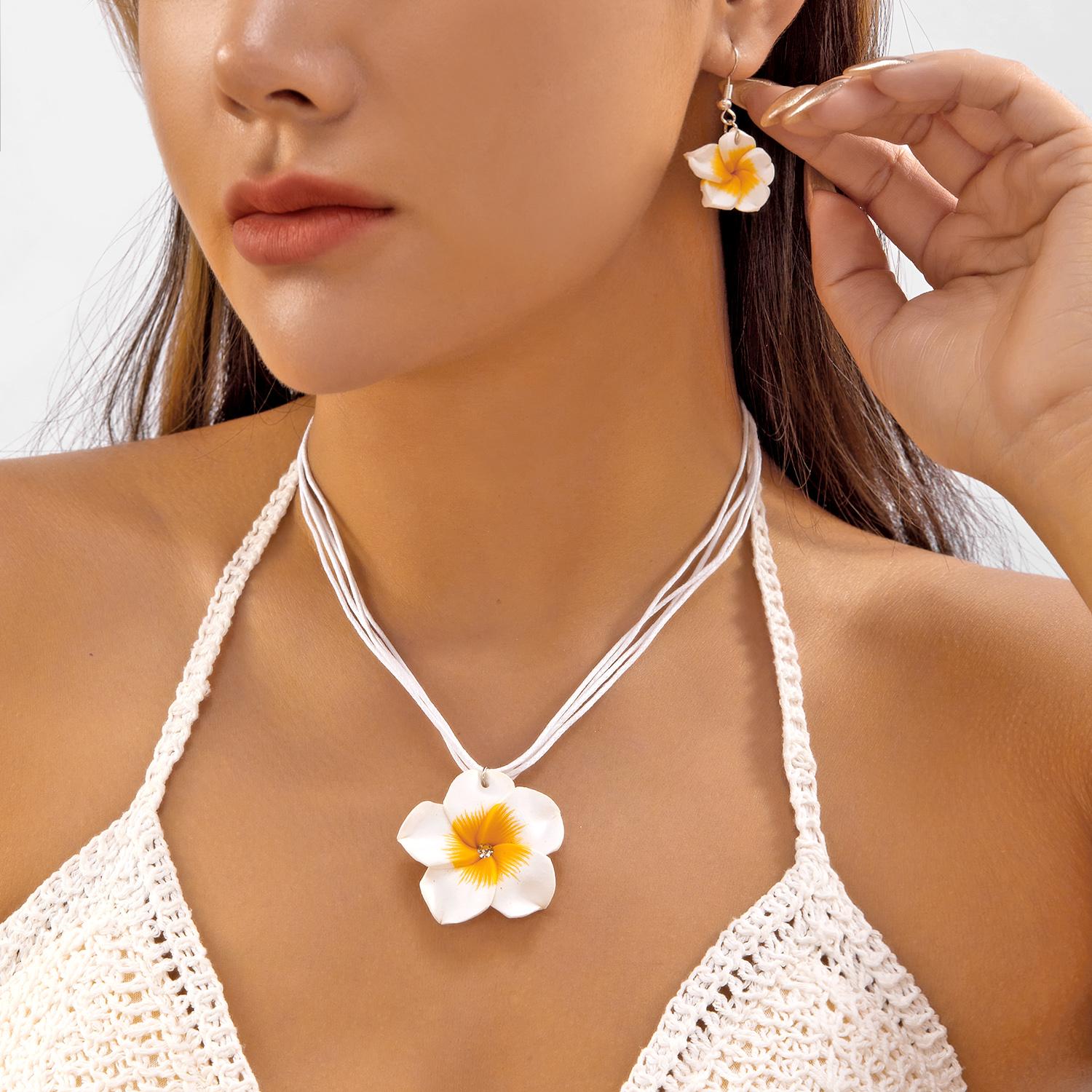 

Elegant Big Flower Jewelry Set for Women White Pink Green Resin Flowers Pendant Necklace Earring Girls Beach Party Jewelry Gift