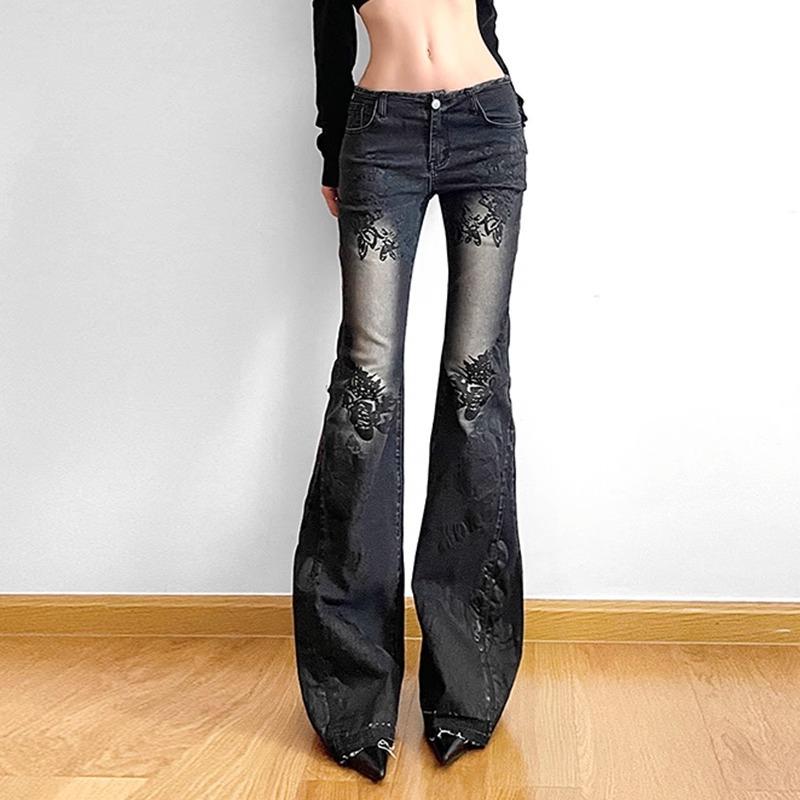 American Retro Plant Print Low Waist Flared Denim Jeans - Spring/Autumn Trend