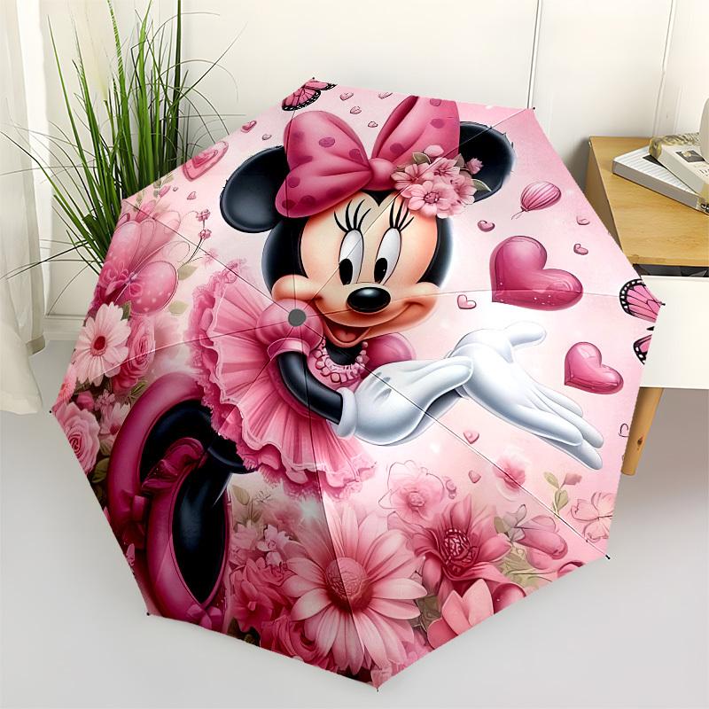 

Minnie Mouse, Pink Floral Themed Automatic Opening and Closing Umbrella, Brightly Colored 8-rib Portable Umbrella