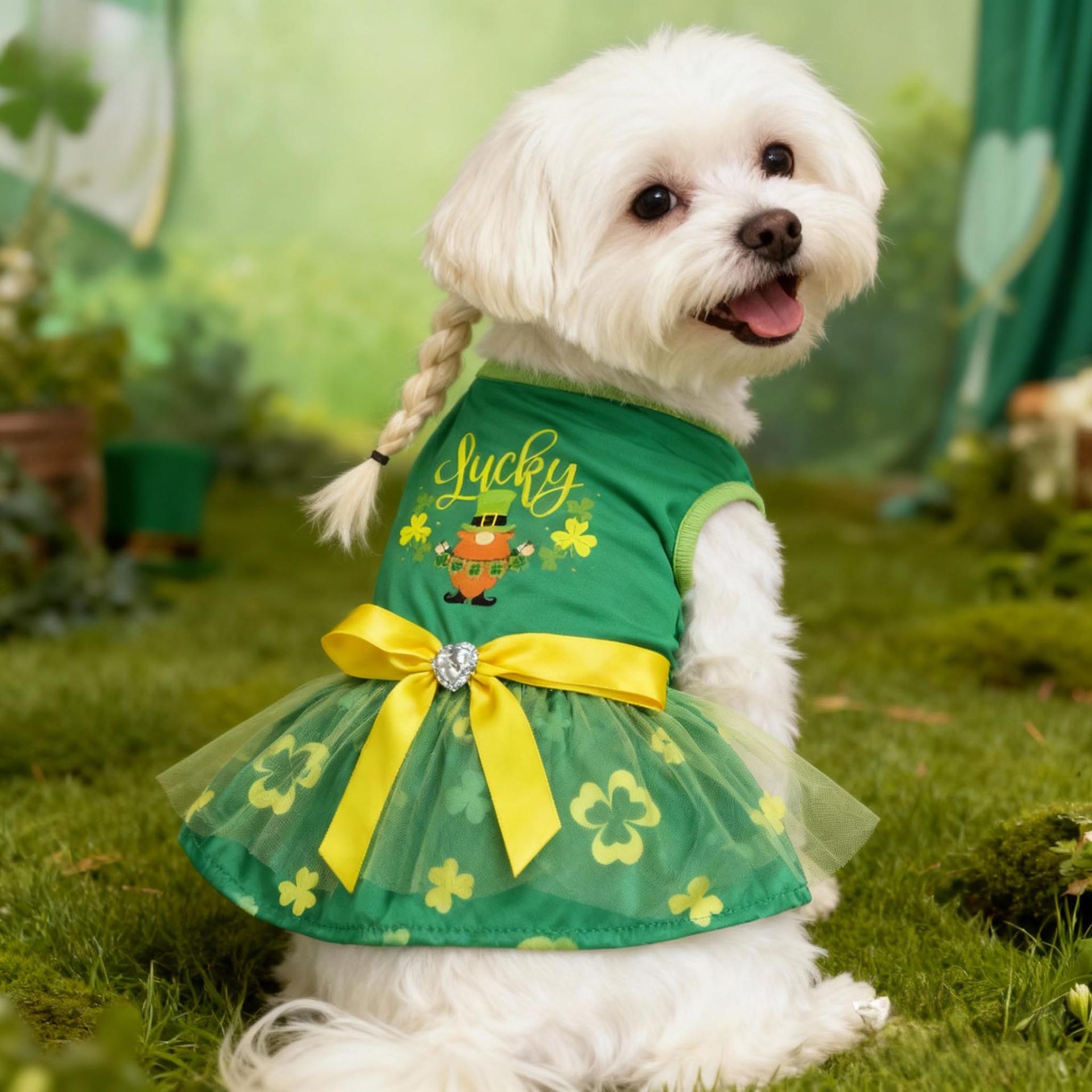 Irish pet clothing, pet dog cat clothing, St. Patrick s Day clover mesh skirt S