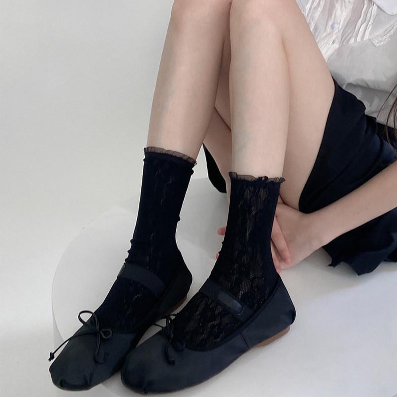 Spring And Summer Thin Meat-Through Lace Tube Socks Women'S White Hollow Mesh Stacking Socks Japanese Sweet Calf Socks