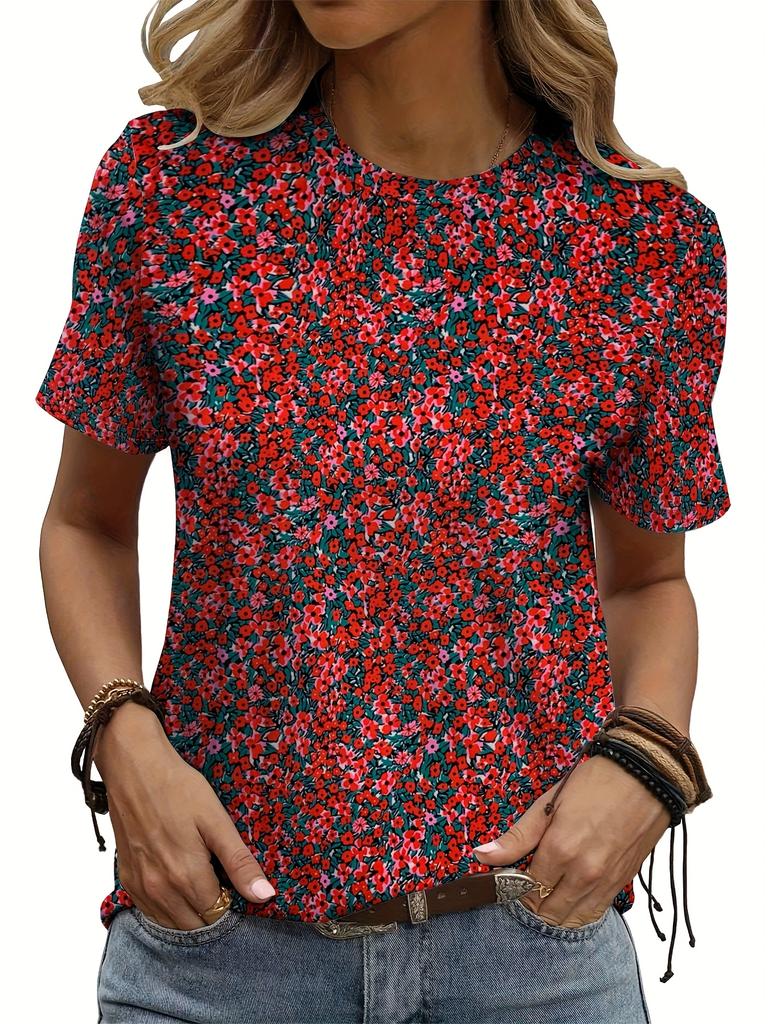 2026 New Summer Women's Retro National Print Ladies T-shirt Round Neck Short Sleeve Street Casual Daily Basic Tops