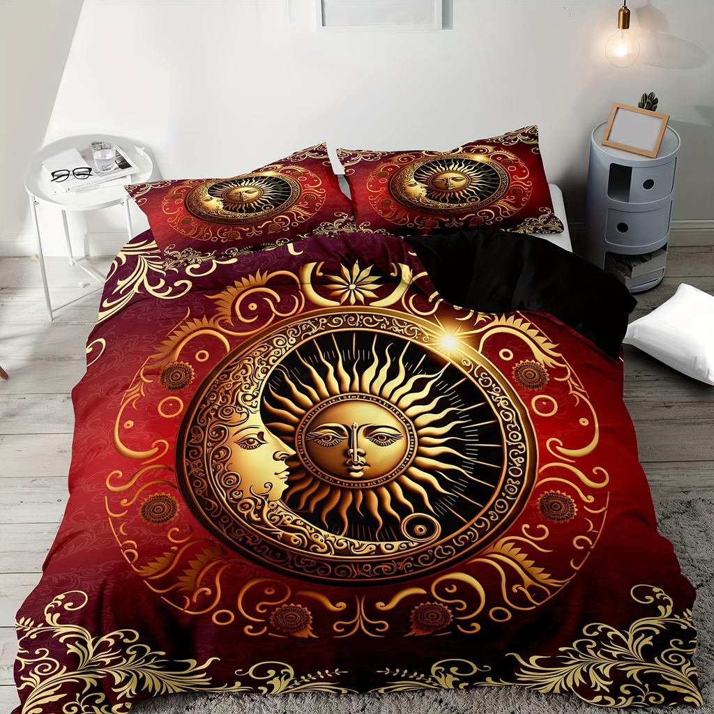 Sun and Moon Pattern Duvet Cover Set, Washable Polyester Soft Comfort Bedroom Guest Room Quilt Cover Set Magical Gifts