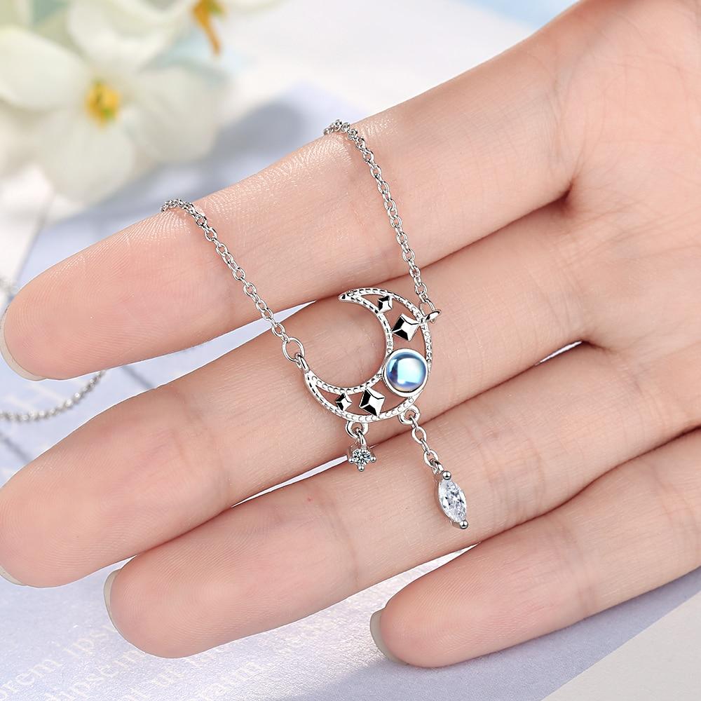 S925 Stamp Colorful Moonstone Clavicle Chain Necklace Silver Color Moon Zircon Tassel Necklace Jewelry For Women S -N508