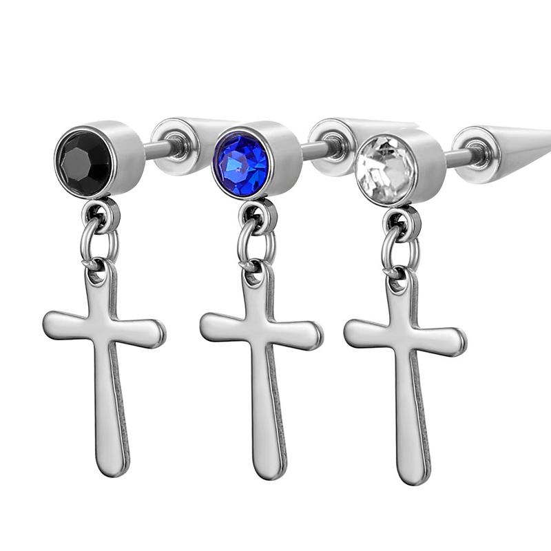 

Simple Crystal Stone Anti-allergic Titanium Stainless Steel Cross Hoop Earrings For Women Men Blue Black White Zircon Earring чорний/білий