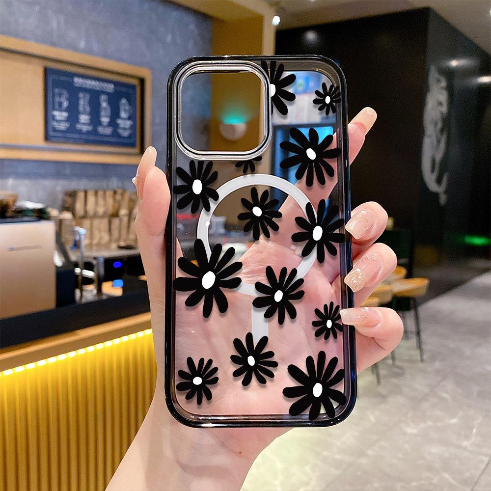 Black Flower Thin Circle Acrylic Magnetic Mobile Phone Case Is Suitable for Iphone15 Simple Apple 17promax Hard Case