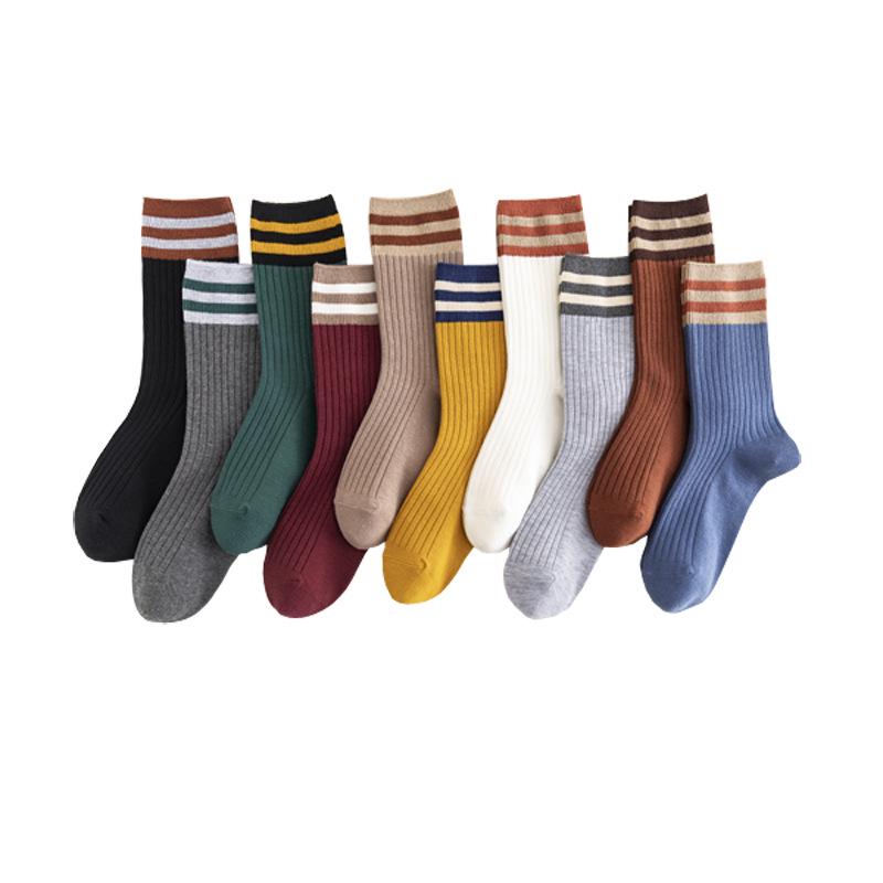 Japanese Retro Women's Cotton Knee-High Socks with Two-Stripe Design, Color Block Style.