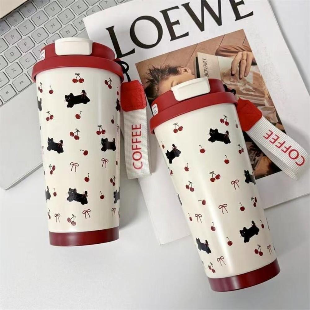 Durable 500ml Coffee Cup Cartoon Cat Pattern Stainless Steel Straw Cup Leak-Proof with Straw Thermal Cup Office
