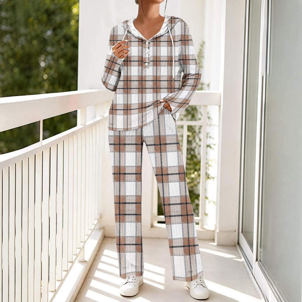 Women's V-Neck Printed Long Sleeve Hoodie Loungewear Set with Pockets - Loose Fit 2 Piece Casual Sleepwear Pajama Set for Home