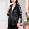 Women's Black Hooded Faux Leather Jacket Loose Fit Long Sleeve Casual Short Outerwear
