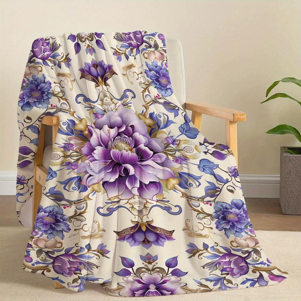 Soft Flannel Blanket with Purple Flowers Print - Lightweight, Warm Throw for Bed, Sofa, Office, Camping, and Travel - All-Season