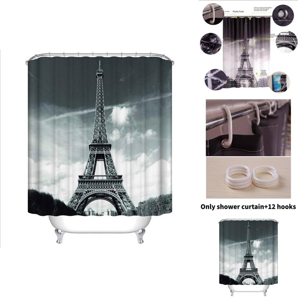 Eiffel Tower Themed Polyester Shower Curtain With Urban Night Scene For Home Improvement