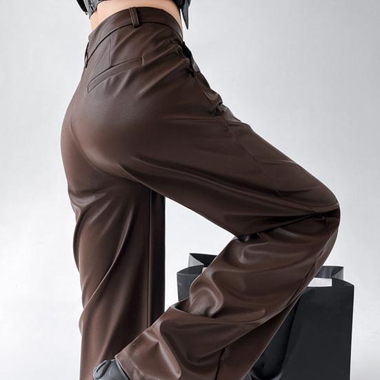 Women Spring Pants High Waist Wide-Leg Imitation Leather Trousers with Pockets Solid
