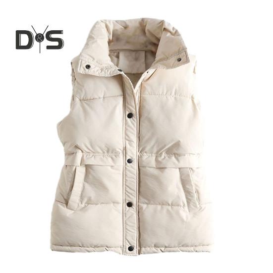 

Женское зимнее пальто с карманами, застежкой на кнопки, воротником-стойкой, без рукавов, однотонный жилет для отдыха на открытом воздухе и спорта M бежевый