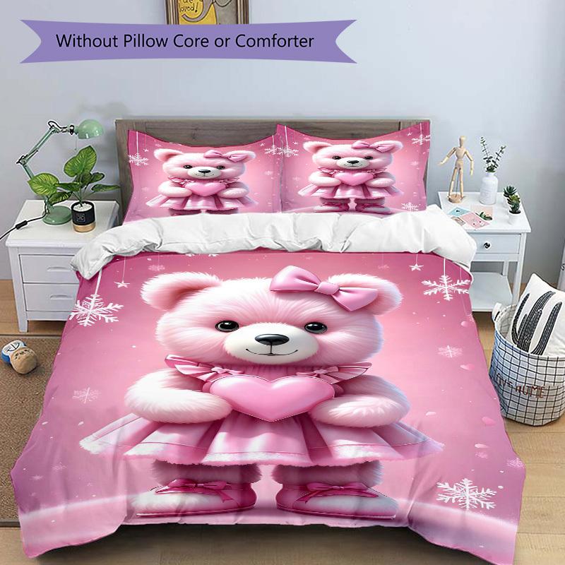 3pc Pink Teddy Bear Bedding Set, Includes One Quilt Cover and Two Pillowcases (No Core), Home Decor, Holiday Gift, Polyester Fabric, Suitabl