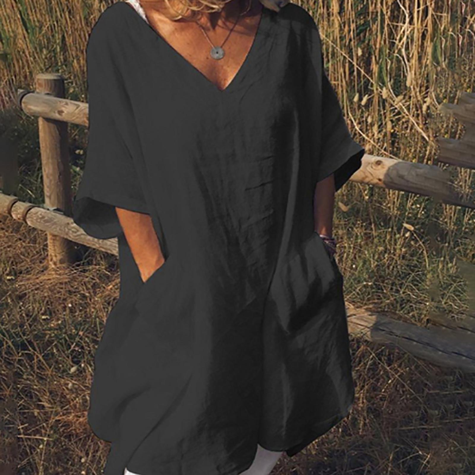 

Women s Casual Color Mid-sleeve V-neck Pocket Cotton And Linen Dress XXXXL чёрный
