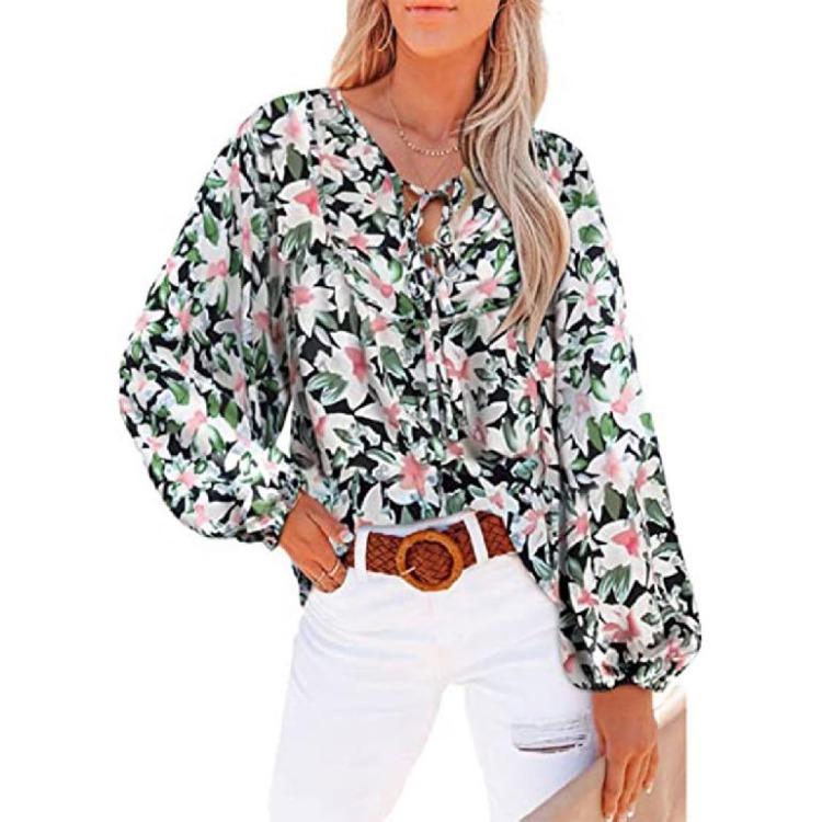 Women Casual Long Sleeved Shirt  New Floral Ruffled V Neck Top European American Style Waist Tied Design S