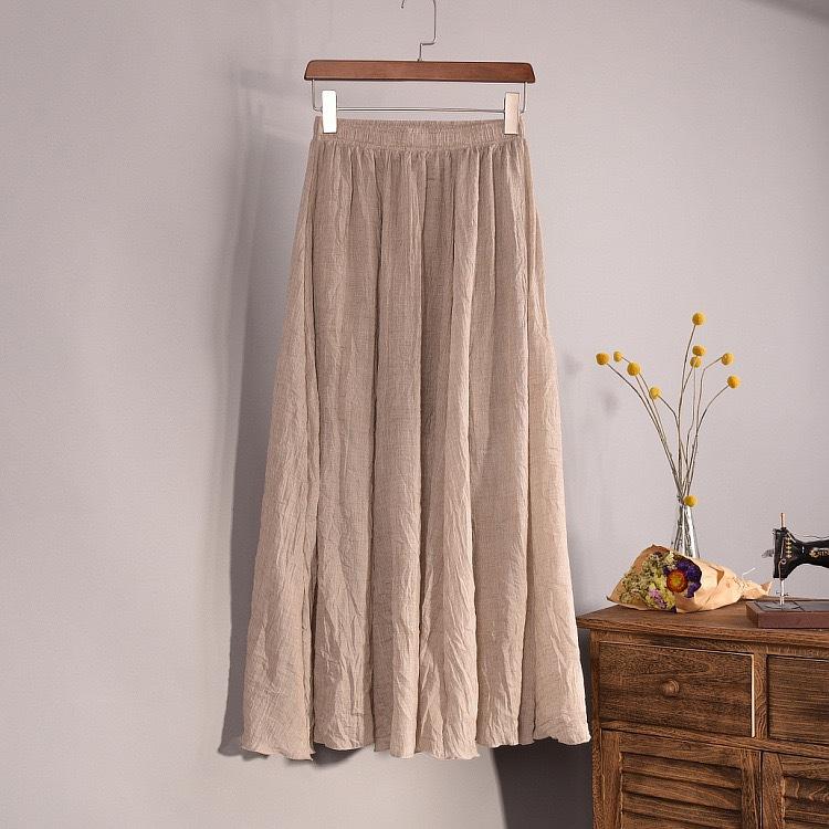 Women Summer Solid Vintage Pleated Long Skirts Ladies Elastic Waist Beach A-Line Skirt