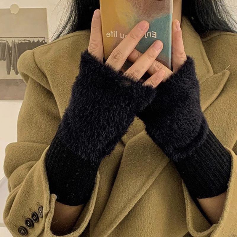 1/2PC Winter Knitted Half-finger Plush Gloves Women Warm  Knitted Fingerless Gloves Touch Screen Open Finger Gloves Soft Mittens