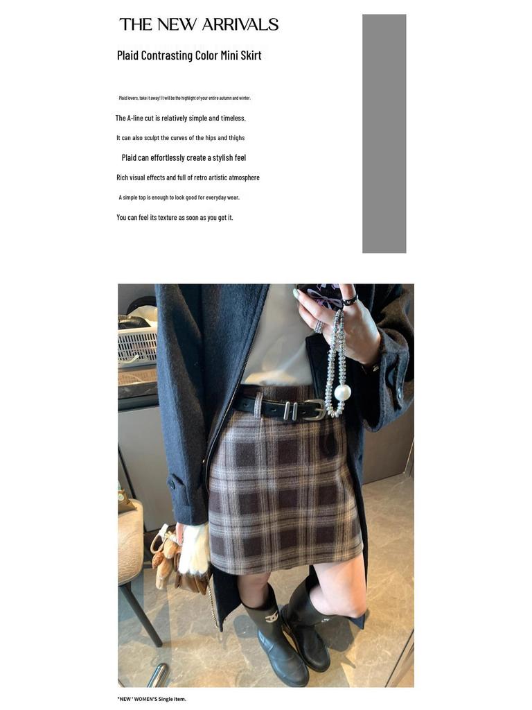 Moqie Retro Wool Plaid A-line Slimming Skirt MQ1000