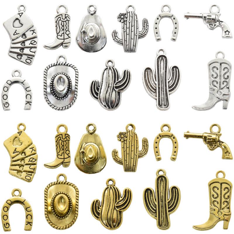 100g Western Cowboy Charm Set: Hat, Boots, Gun, Cactus & More DIY Alloy Jewelry Accessories