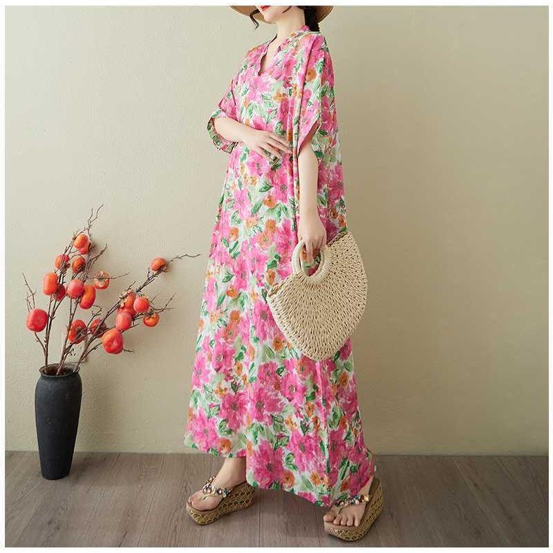 Women's Vintage Long Dress with Cotton and Linen Patterns