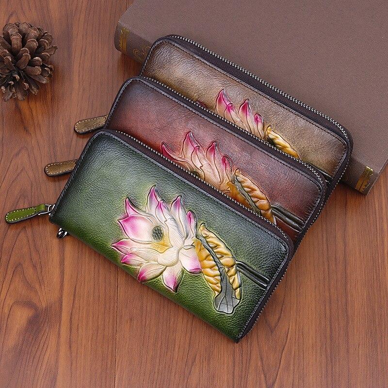 Johnature Portofel cu relief de mână femei retro, floral, portofel din piele naturală, suport pentru carduri, posetă pentru telefon din piele de vacă.