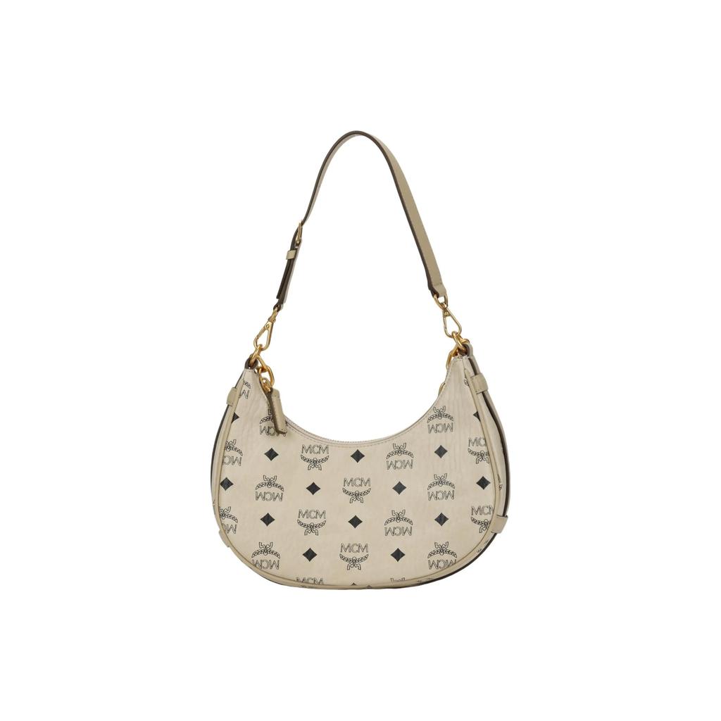 MCM Aren Visetos Half-Moon Monogram All-Over Print Leather Shoulder Bag Small Unisex Couple's Style Beige