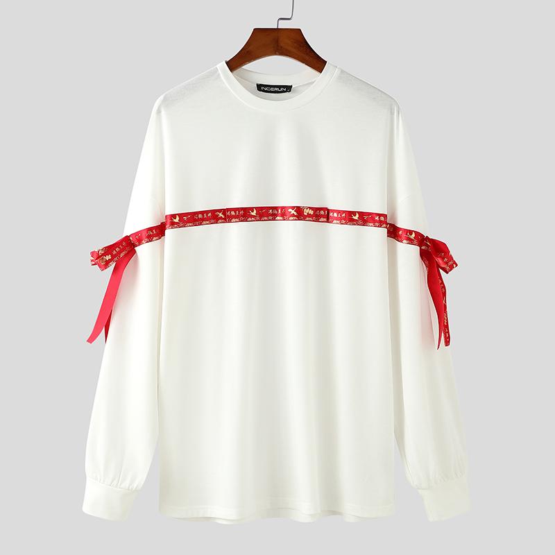 

INCERUN Футболки свободного покроя с длинным рукавом и принтом в стиле бант в стиле пэчворк для мужчин, повседневные топы S белый