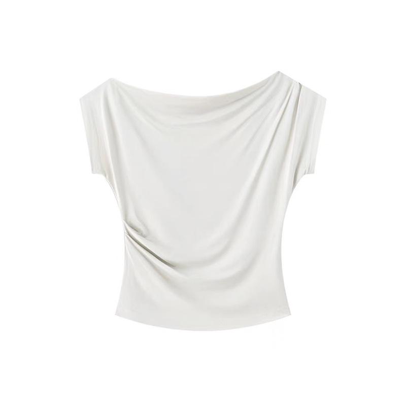 Pure Desire Asymmetrical One-Shoulder Slimming White T-Shirt for Women - Waist-Cinched Summer Design