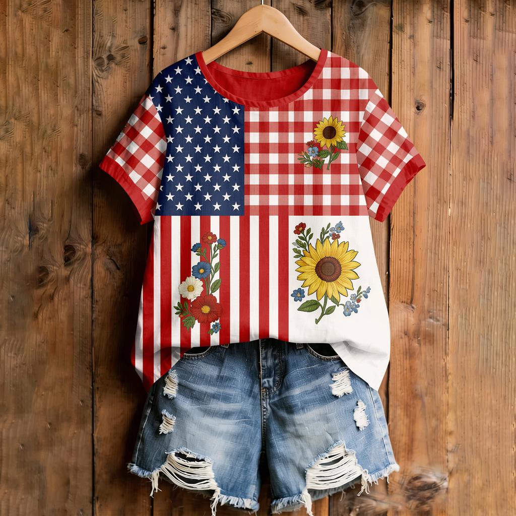 Women's American Floral Patchwork Print Casual T-Shirt 250Th Anniversary USA Shirt Patriotic Tshirt