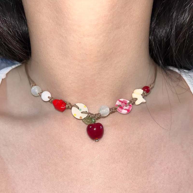 

Fashion Green Apple Pendant Necklaces for Women Cute Ceramic Handmade Beaded Adjustable Choker Necklaces Birthday Zircon Gifts червоний