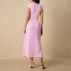 Women's Fashionable Casual Color Blocked Striped Waist Cinched Round Neck Short Sleeved Long Dress