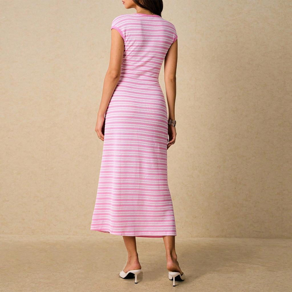 Women's Fashionable Casual Color Blocked Striped Waist Cinched Round Neck Short Sleeved Long Dress