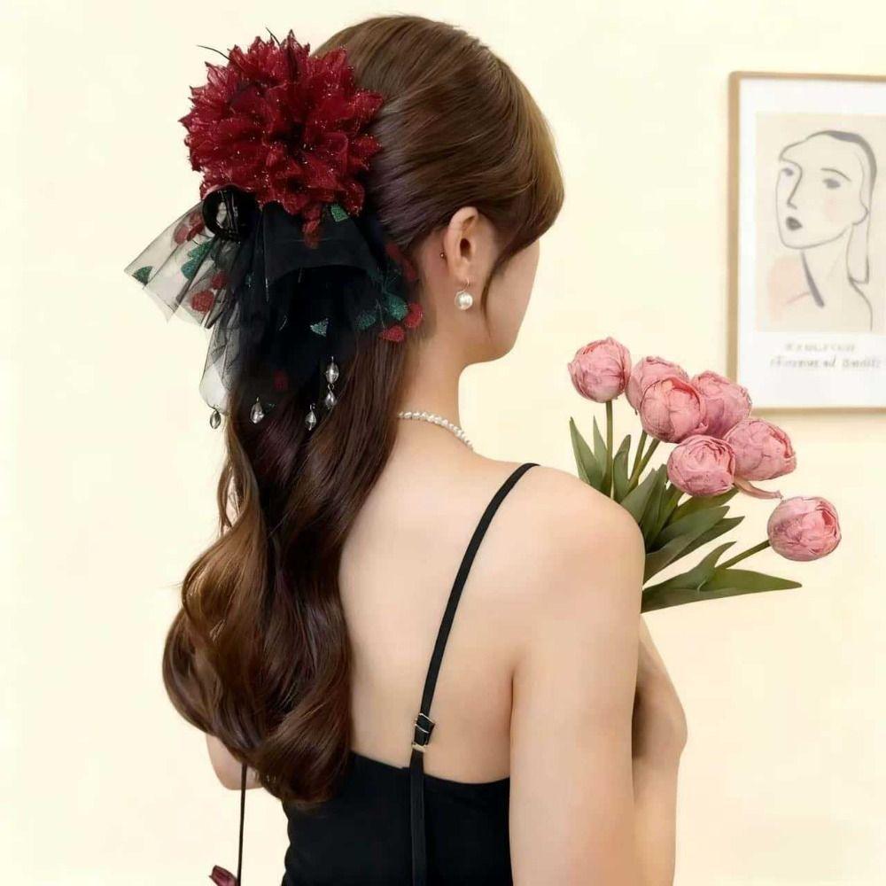 Mesh Peony Flower Hair Clips Crystal Fluffy Shark Clip Elegant Mesh Tassels Hair Claw  Women