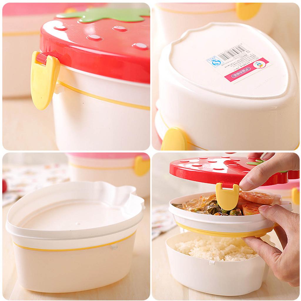 Bento Pranzo Scatola Doppio Strato Forma Fragola Contenitori Cibo con Posate Bambini