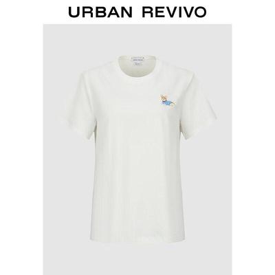 UR Damen Welpen-Stickerei Rundhals-T-Shirt