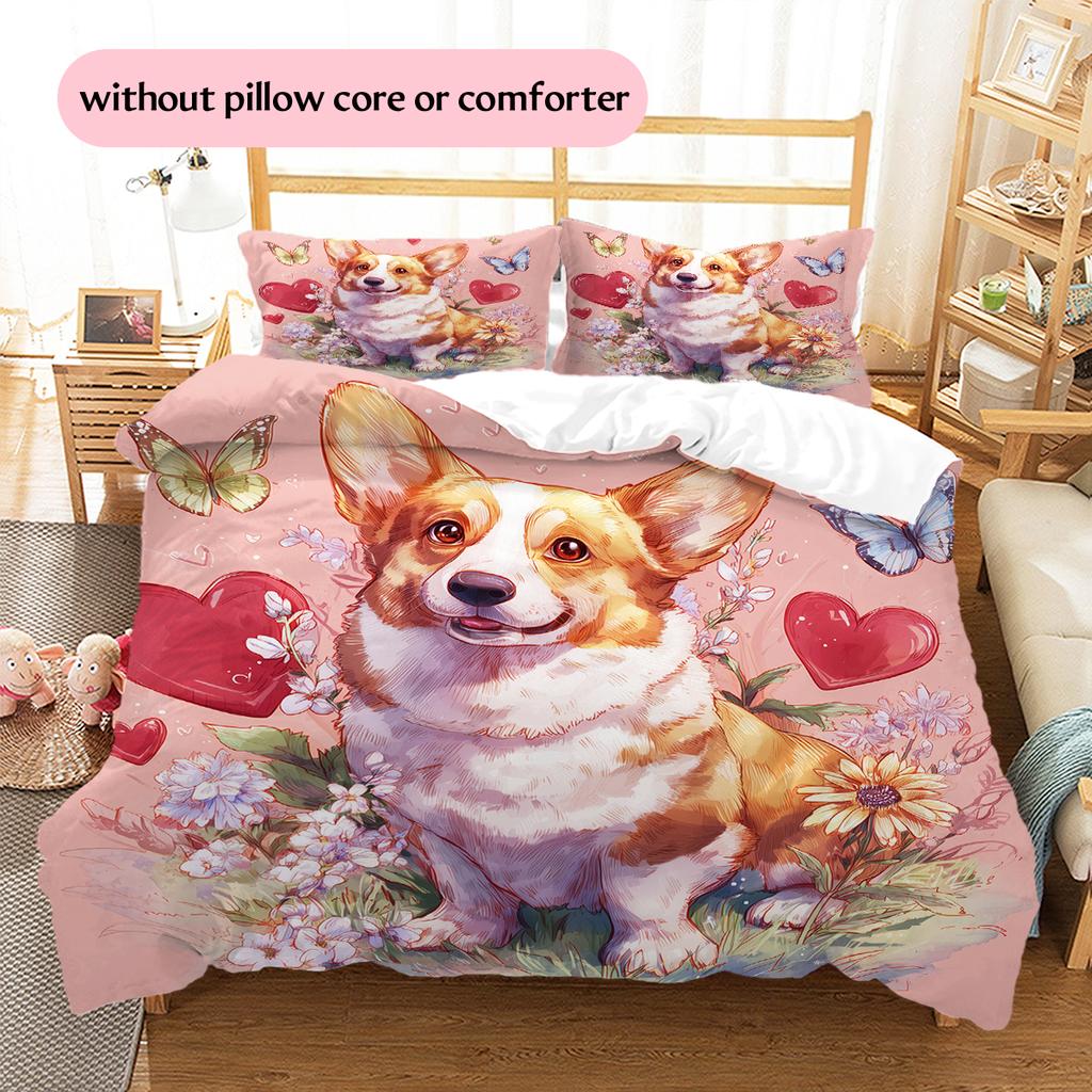 Pink Corgi Pattern Bedding Home Decoration Birthday Gift (1 * duvet cover + 2 * pillowcase, without core)