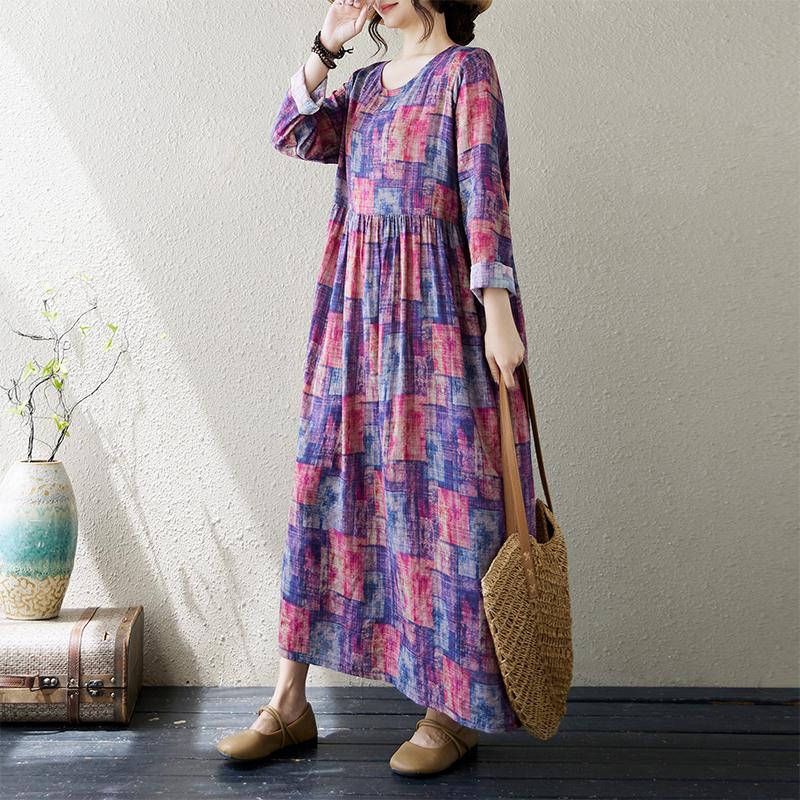 DIMANAF 2024 New Women Autumn Plus Size Dress Long Dress Long Sleeve Printing O-Neck Vintage Clothing Shirt Dress