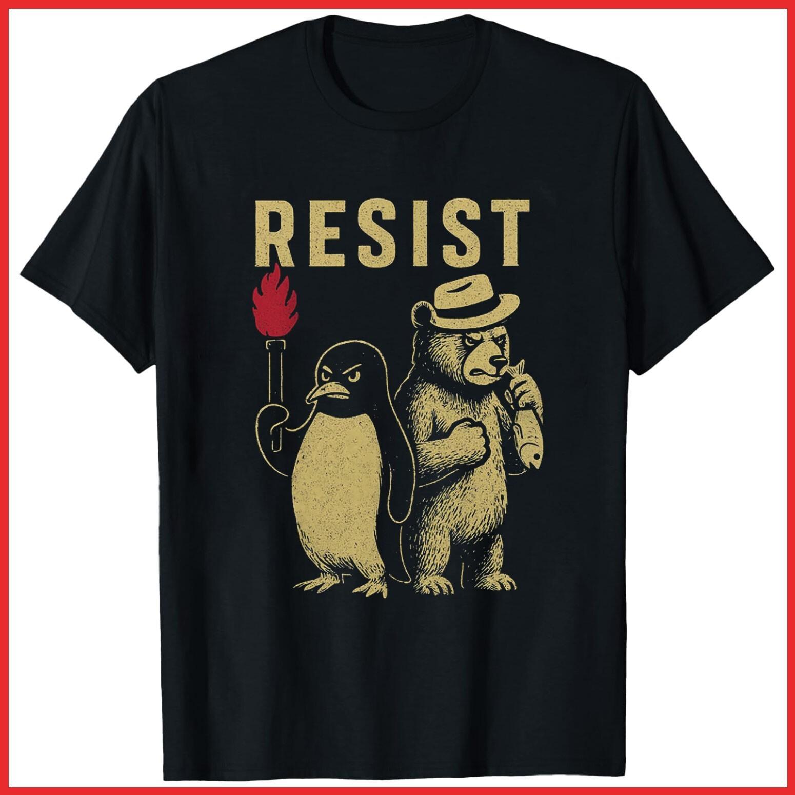 Resist Penguin Activism Black Cotton T-Shirt S-5XL S