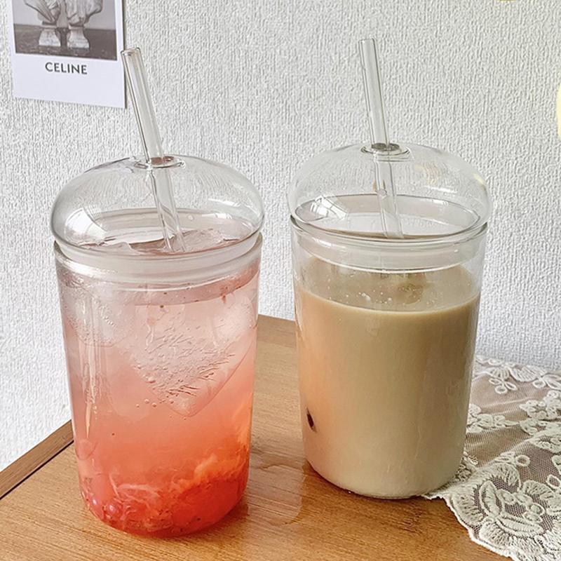 For 450ml Glass Cup With Lid and Straw Transparent Tea  Juice Glasses Beer Can Milk Mocha Breakfast Mug Drinkware